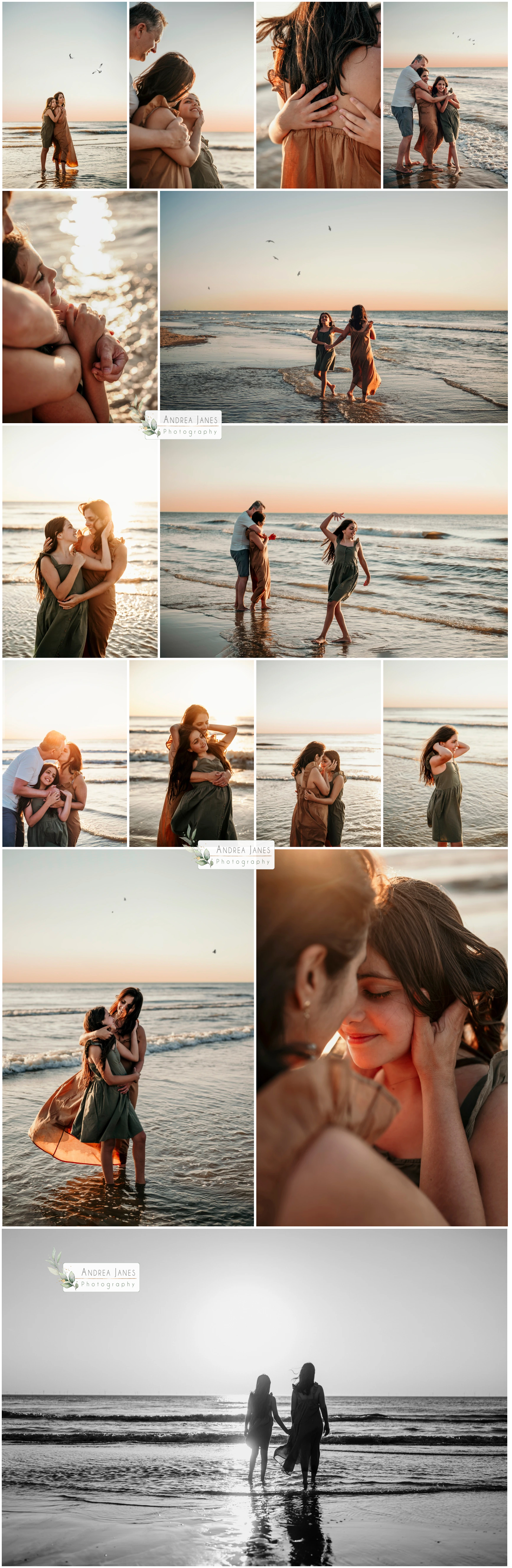 family in the beach, candid photo session with beautiful family and sunset in the beach